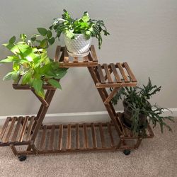 Rolling Wooden Multi-Tier Plant Stand / Plant Cart – Rustic Finish