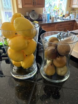 Faux Lemmon & Pear In Glass Vases