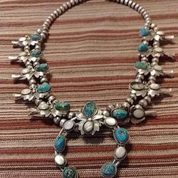 VINTAGE SQUASH BLOSSOM TURQUOISE AND MOTHER OF PEARL NECKLACE