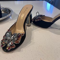 Xobzjh Shoes | Gorgeous Bejeweled Gold Butterfly Heels with Bedazzled Heel | 