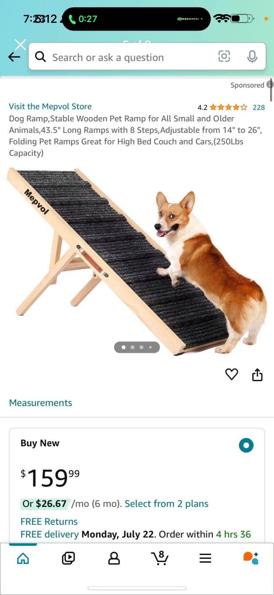 Dog Ramp, Stable Wooden Pet Ramp for All Small and Older Animals,43.5" Long Ramps with 8 Steps, Adjustable from 14" to 26", Folding Pet Ramps Great fo