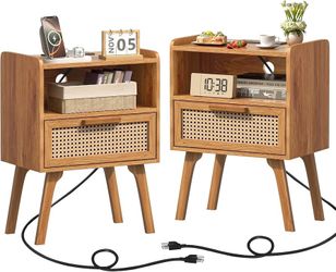 Rattan Nightstands Set of 2 with Charging Station, Boho Side Table Cane Accent Night Stand with Drawer, 4 Solid Wood Legs, Bedside End Table for Bedro