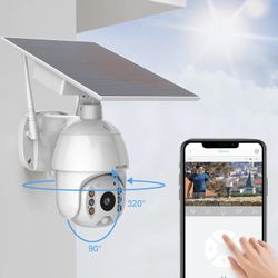 Outdoor Home Security Camera, Wireless WiFi Pan Tilt 360° View Spotlight Solar Battery Powered System, Motion Detection and Siren, Color Night Vision,