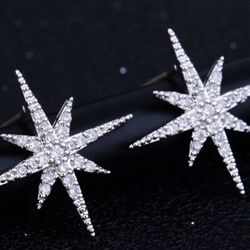 925 Sterling Silver Crystal Star Snowflake Stud Earrings 