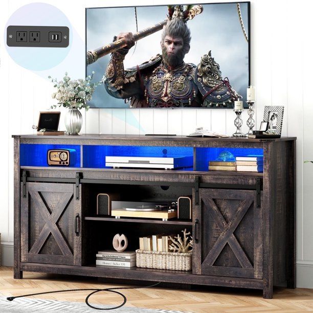 LED Farmhouse TV Stand for 65" 75" TVs with Power Outlets, 32" Tall Sliding Barn Door Entertainment Center with Adjustable Shelves/4 Layer Storage for