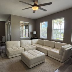 White Italian Leather Sectional Couch With Ottoman 