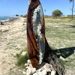 Surfboard Art, Huge 77 Inches, Hawaiian Monkeypod And Floral Design