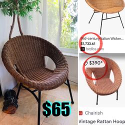 $65 Mid-Century Modern Boho Wicker and Iron Hoop Lounge Chair,in great condition