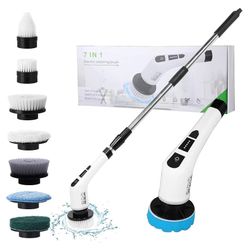 Electric Spin Scrubber with 7 Replaceable Brush Head，Shower Scrubber with Long Handle,7 in 1 Cordless Cleaning Brush，Power Shower Scrubber for Bathroo