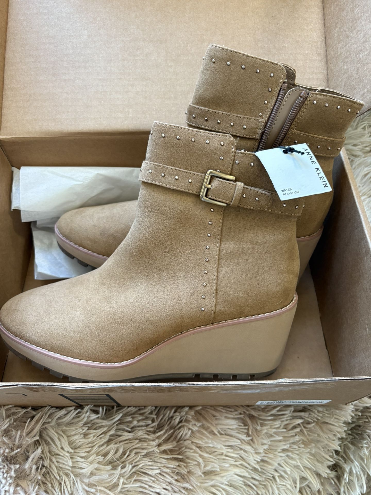 New Anne Klein Womens Size 8.5 PAMELA Faux Suede Studded Ankle Wedge Boots