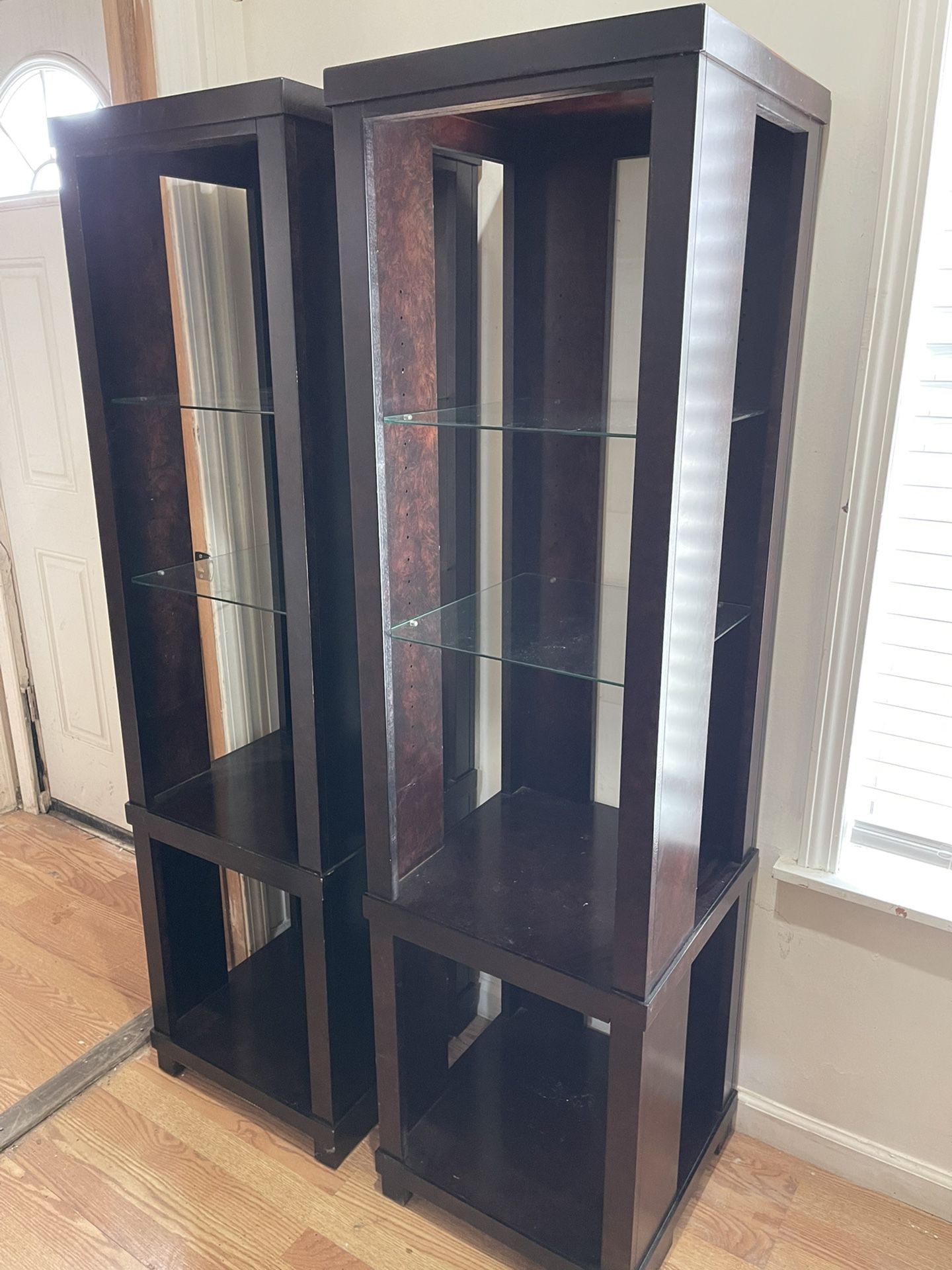 2x Tall Brown Wooden Bookshelves With Glass Shelves