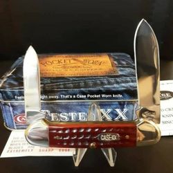 GORGEOUS '99 CASE POCKET-WORN POPCORN JIGGED REDBONE FULL SIZE CANOE, IN COLLECTORS TIN WITH PAPERWORK