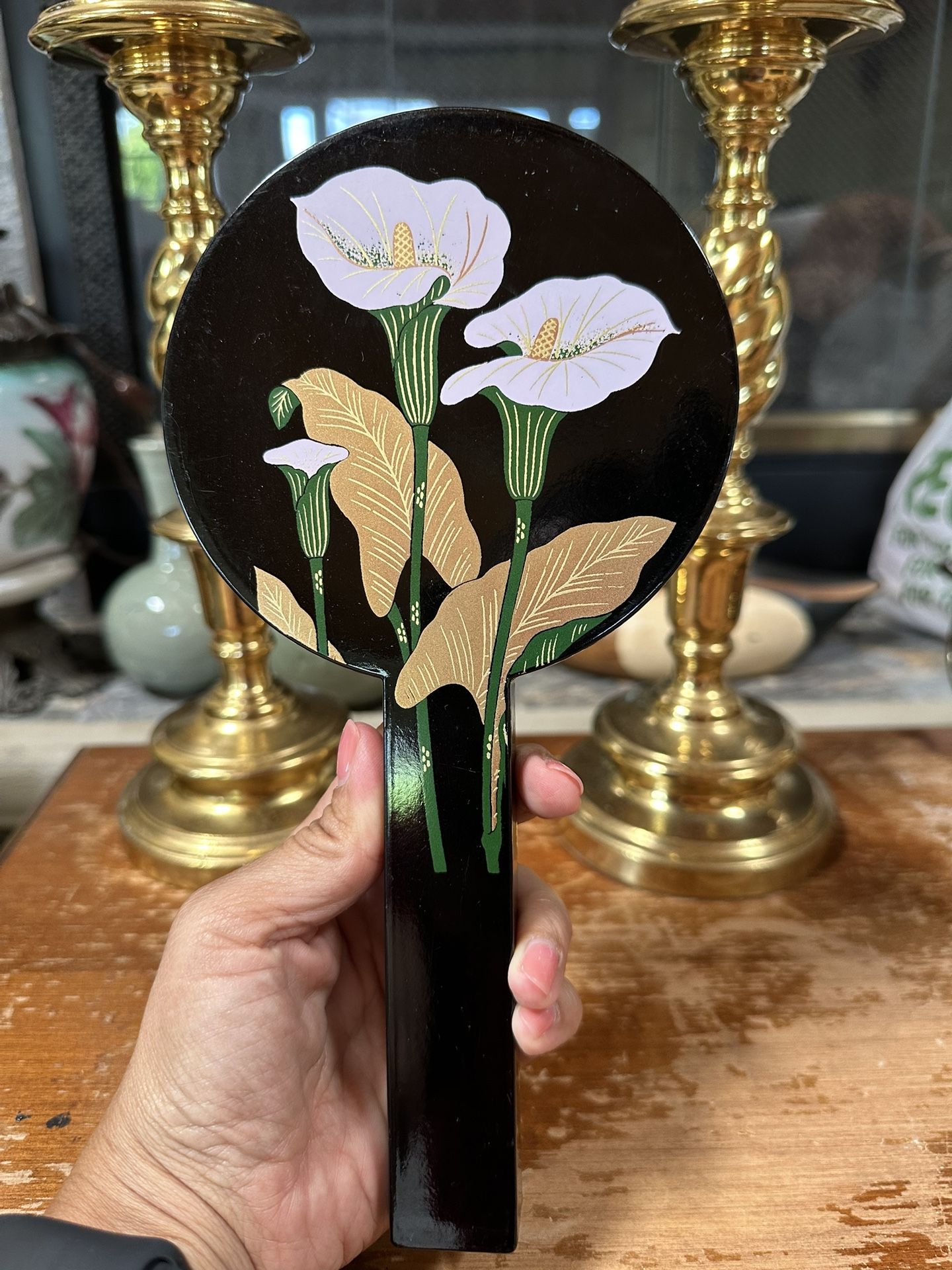Vintage Otagiri "Calla Lily" Black Lacquer Nesting Hand Mirrors, Handpainted Double Mirror Set, Made in Japan, Make-up/Vanity Accessory