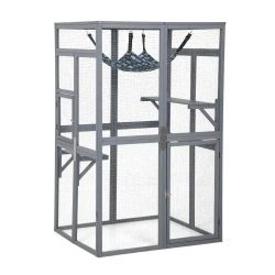64" Cat House Outdoor Catio Cat Enclosures Wooden Kitty House with Platforms, Waterproof Roof, Hammock, Grayson