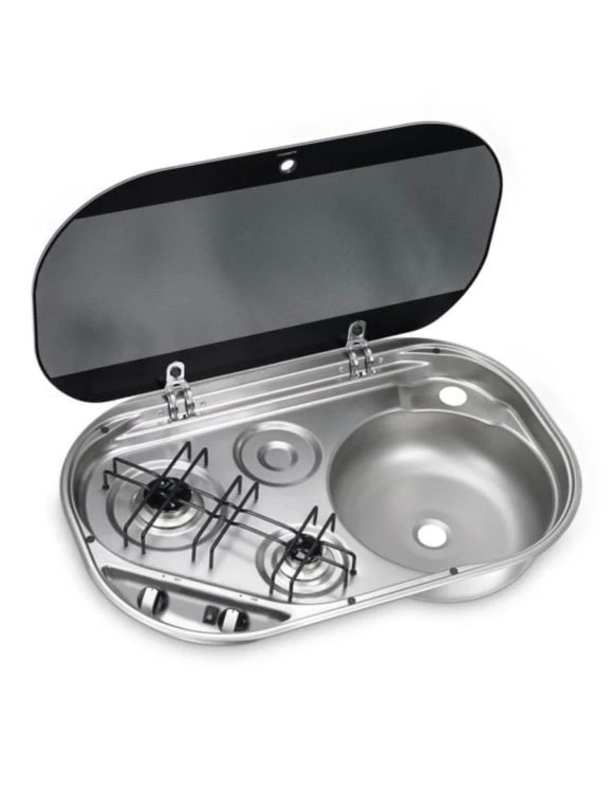 Dometic Combination Sink and 2-Burner Cooktop Stainless Steel w/ Dark Glass Lid for RV or Marine use.