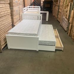 Twin captain bed with drawer pull out trundle. Available in white & espresso. Assembly required.  Assembly not included.  Tax included.  Free local de