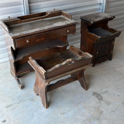 Vintage Wooden Desk Stool And Side Table 