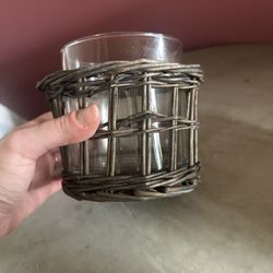 Rustic Glass & Wicker Tealight Candle Holder – Farmhouse Decor