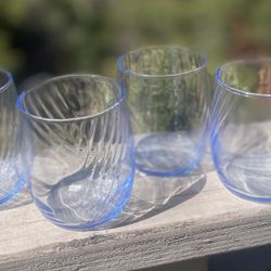 Set 4 vintage Libbey "Misty Blue" Optic Swirl stemless tumbler glasses.