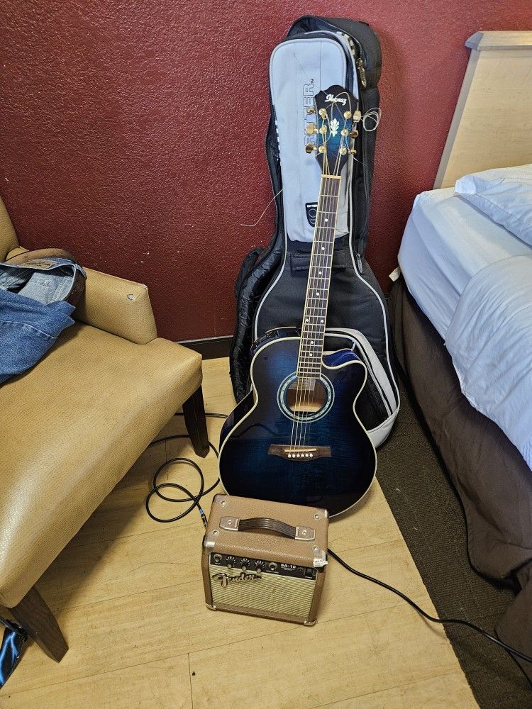 Ibanez Electric Accoustic Blue With Fender Amp And Riter Guitar Case 