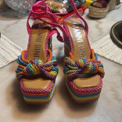 Gianni Bini: Designer Rainbow Rope Platform Sandals; (8-9)