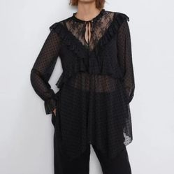 Zara Black Long Swiss Dot Blouse