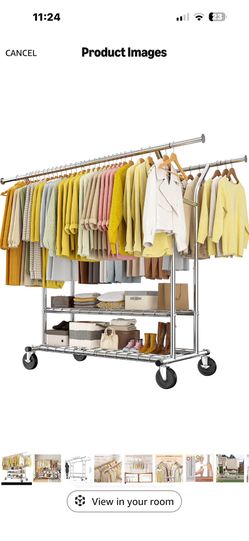 Raybee Heavy Duty Clothes Rack 630 LBS Capacity Double Rods Shelves Storage 360°Lockable Wheels, Snap-on Design, Tool-free Assembly, Extendable Rods,