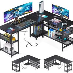 NEW 59" L Shaped Desk w/ Power Outlet, USB Charging Ports, Reversible Computer Desk w/ Storage Shelves, Home Office Gaming Corner Black