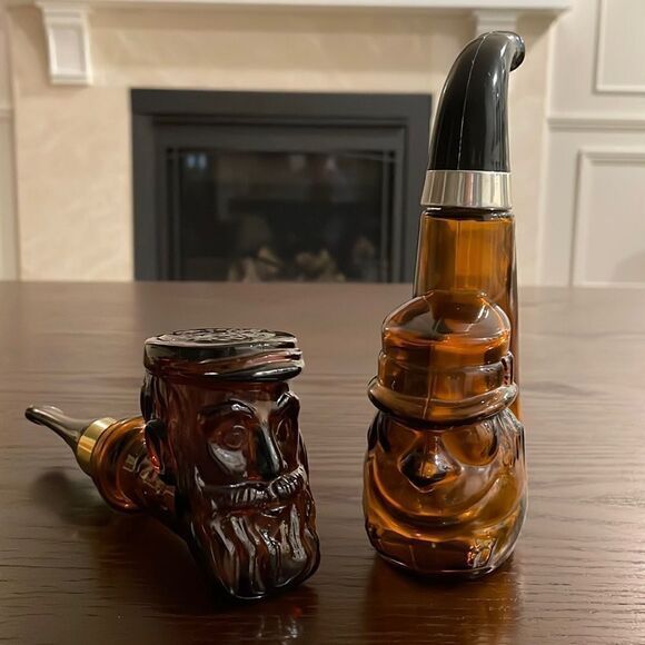 Avon Empty Aftershave Glass Bottles in the shape of pipes Good Condition 7” tall