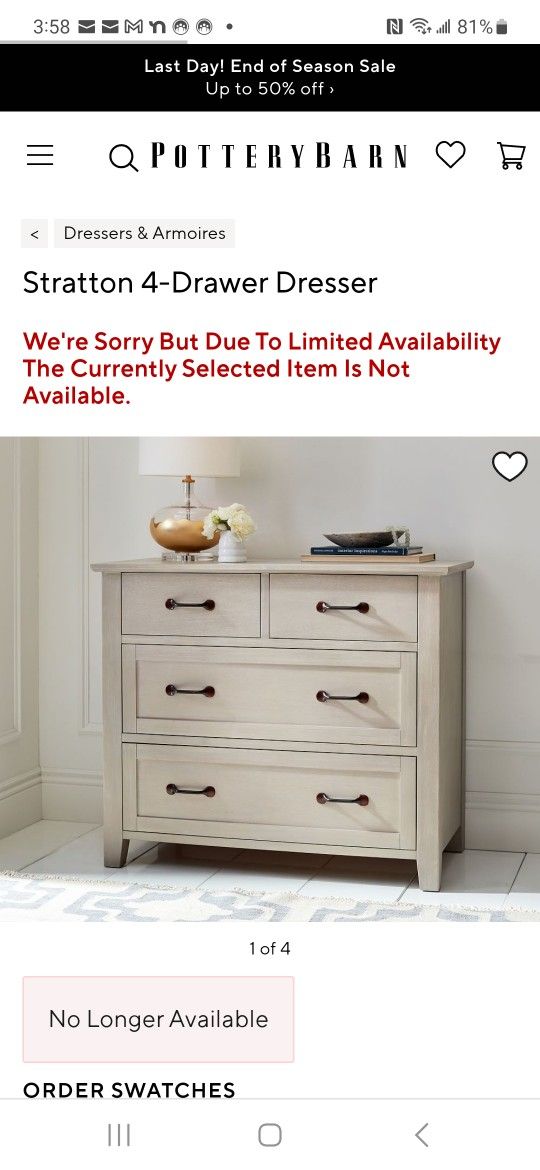 Pottery Barn White Stratton 4 Drawer Dresser