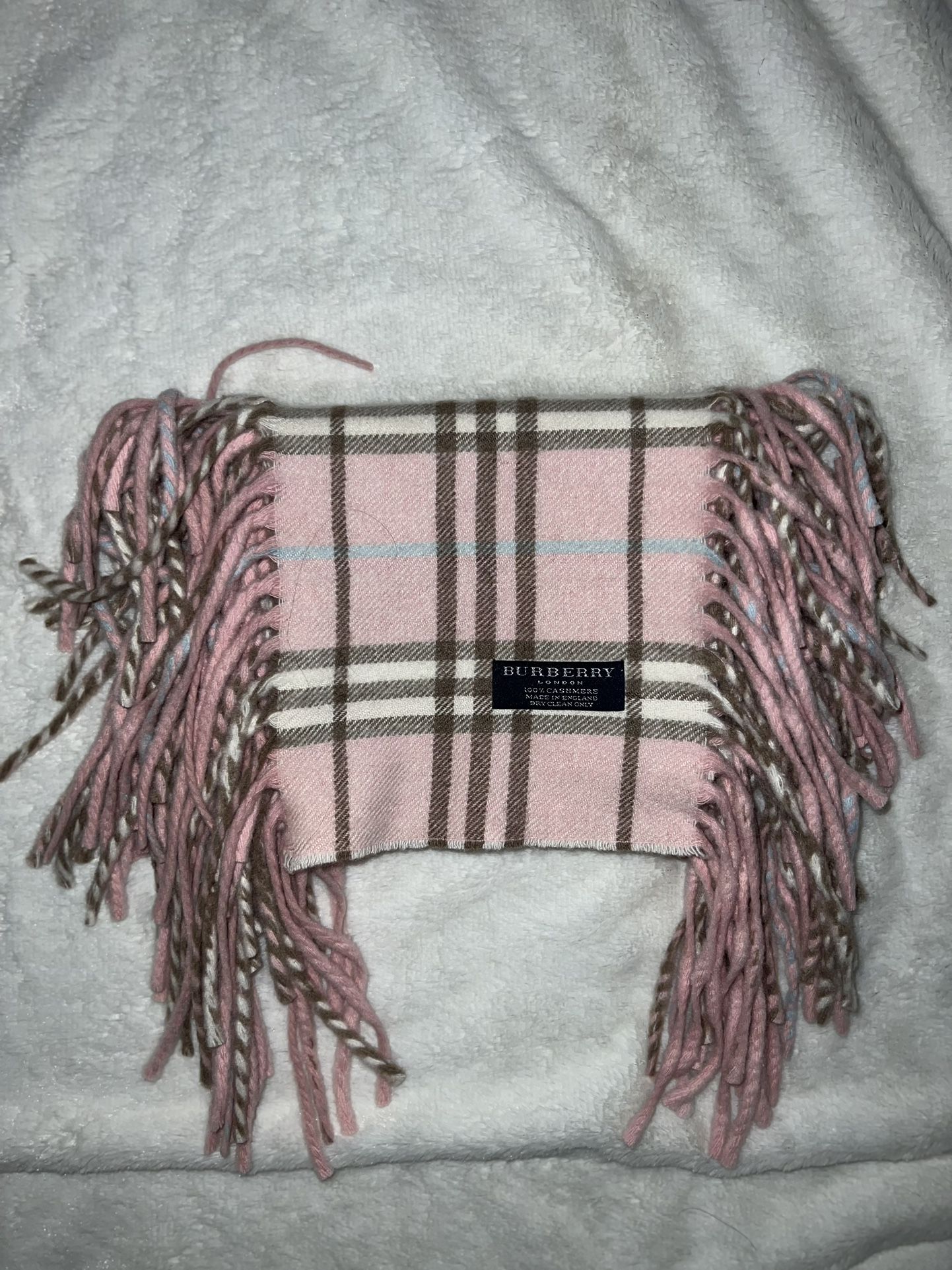 Burberry Pink Plaid Cashmere Double Fringe Scarf Check