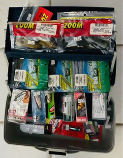 All u need to go fishing-3 tire cantilever tackle box-asst size lures, baits,hooks etc-brand new