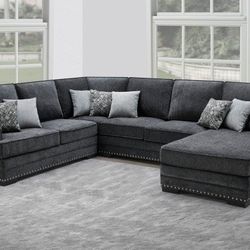 Dark Grey Chenile Fabric Sectional With Pillows And Chaise