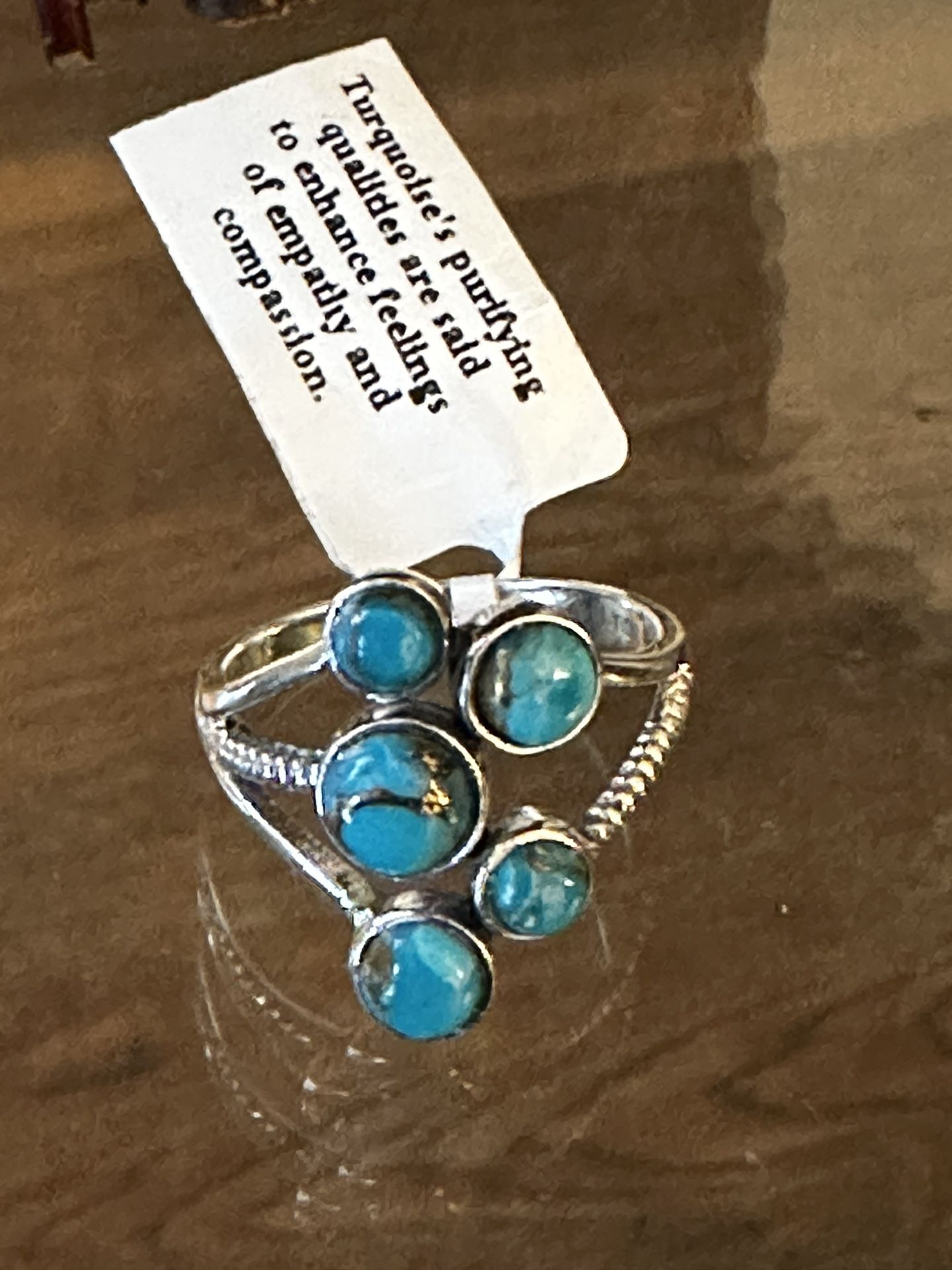 Sterling Silver Blue Copper Turquoise (Mosaic or Mojave) Bazel Set 5 Stone Ring