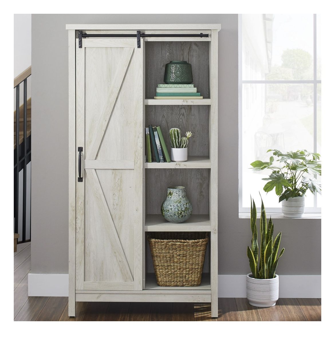 Better Homes & Gardens 66" Modern Farmhouse Bookcase Storage Cabinet, Rustic White Finish