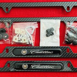 Cadillac Carbon Fiber Look License Plate Frames w/Hardware & Stem Caps