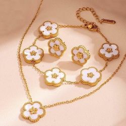 Luxury 18K Gold Plated Elegant White Clover Jewelry Set ✨ Gold-Tone Floral Motif Necklace, Bracelet & Earrings