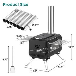 Outdoor Portable Wood Burning Stove for Camping - Cast Iron Tent Stove with View Glass & Chimney Pipes, Ideal for Ice Fishing, Cookout & Travel