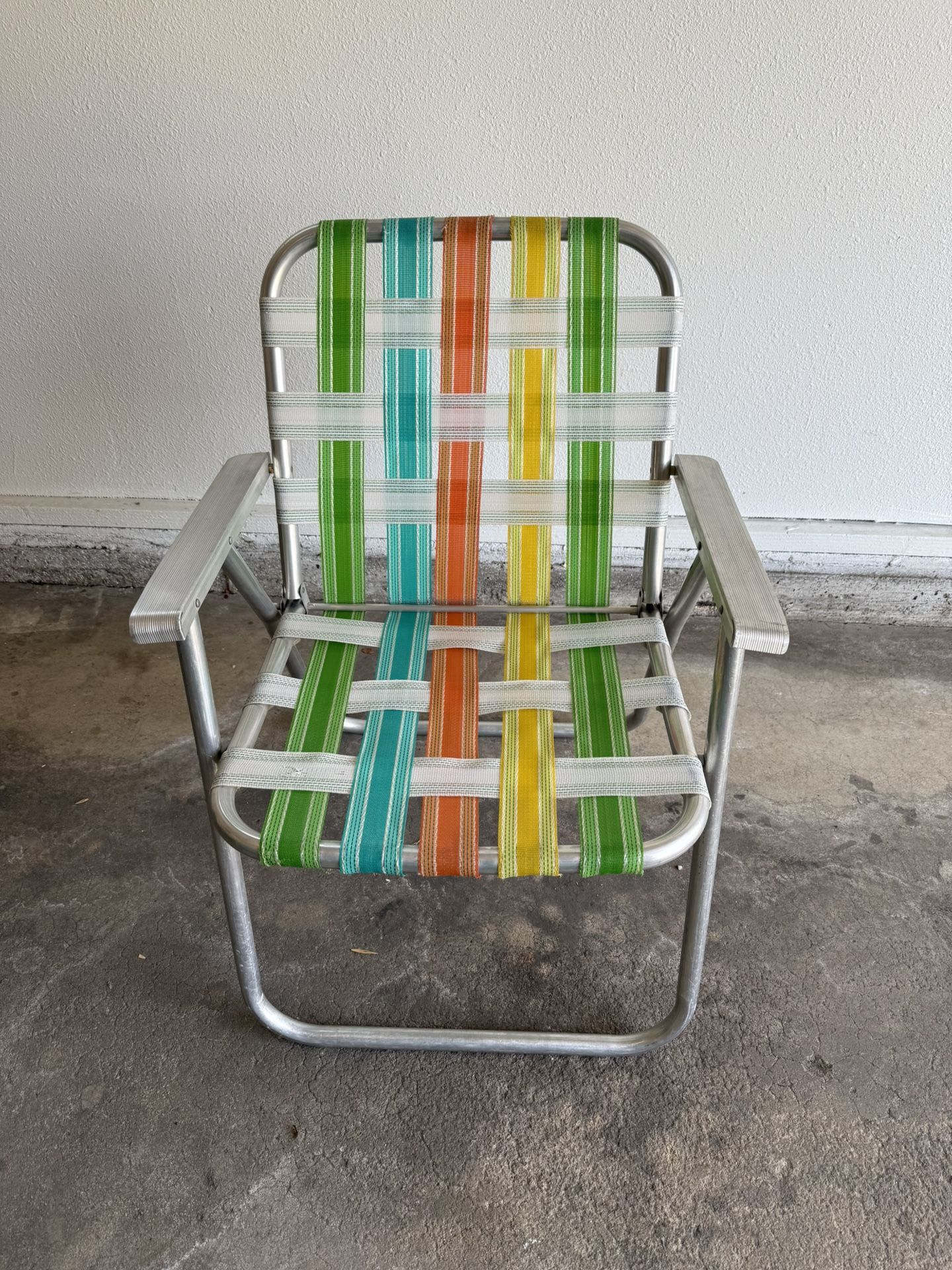 Vintage 70’s Aluminum Folding Lawn Chairs Webbed Org/Grn/Yellow