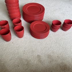 Red Plate, Bowl, Mug, And Ramekin Set
