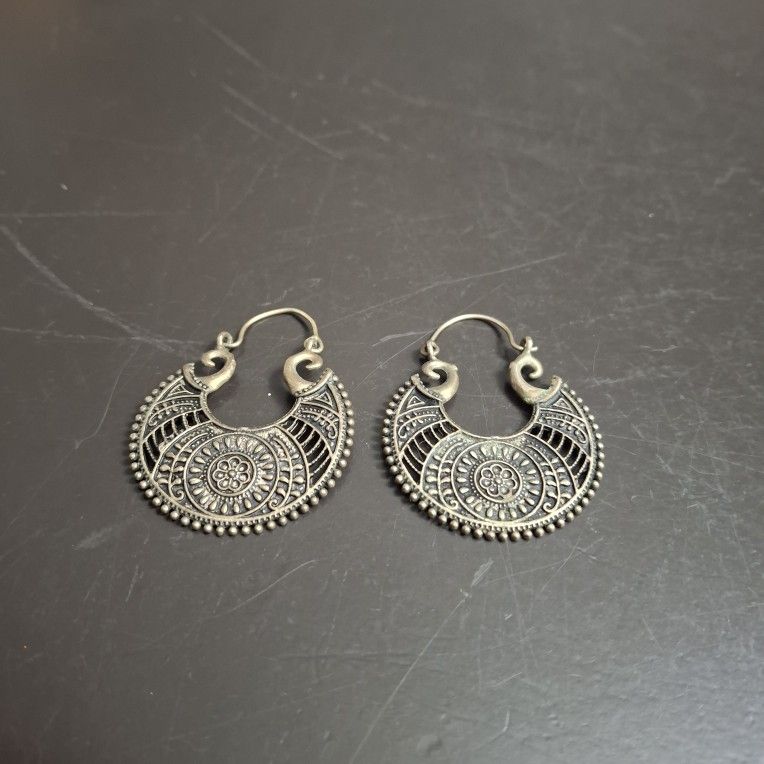 Antiqued Filigree Metalwork Hoop Earrings