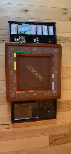 Monopoly Luxury Edition by WS Game Company, Burl Wood Cabinet with Gold Foil Stamped Game Board, Faux Leather Rolling Area, and 2 Storage Drawers, Pre