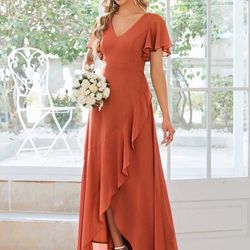 Ever Pretty Charming Chiffon Bridesmaid Dress with Lotus Leaf Hemline Color: Burnt Orange Size: 8 (L)