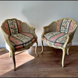 Pair of Antique French Cane and Upholstered Arm Chairs