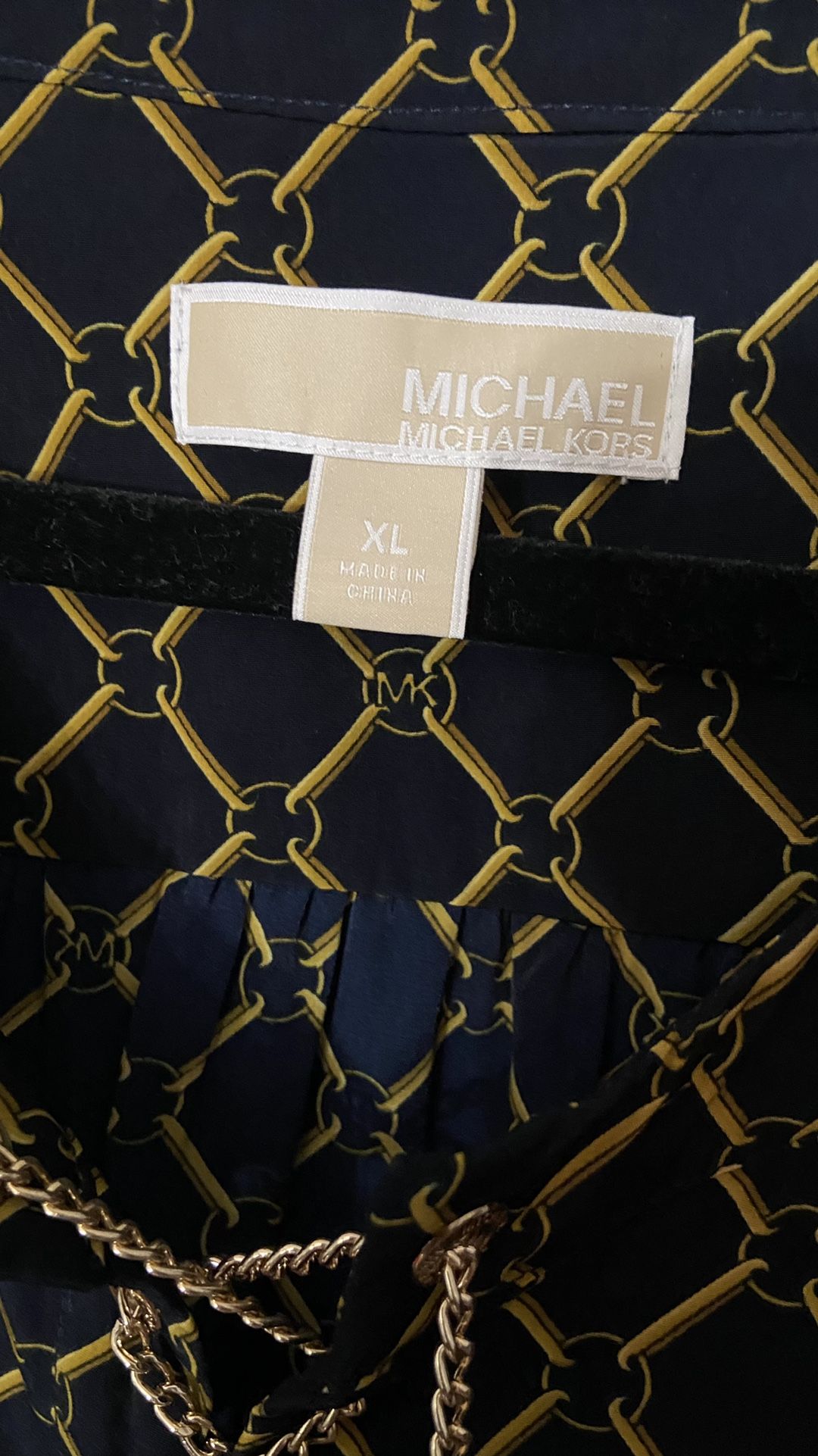 michael kors navy gold dress MICHAEL KORS NAVY & GOLD PRINT LATTICE GEORGETTE MAXI DRESS SIZE L –  Whispers Dress Agency main image 0