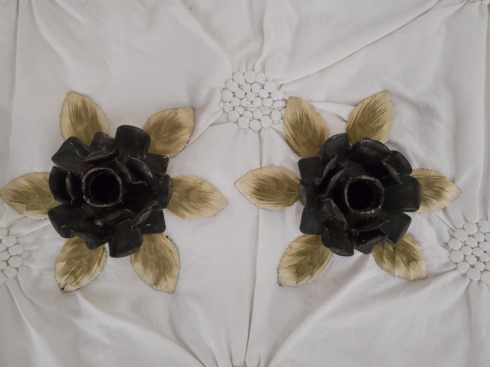 Pair painted Metal Flower Candle Holder. 7" around, 2"High.