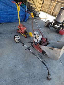 Vintage edger  lawnmower and ryobi weed wacker  they all work