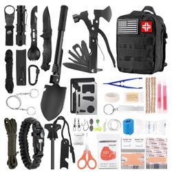 LUXMOM Emergency Survival Kit and First Aid Kit, 142Pcs Professional Survival Gear and Supplies Equipment with Molle Pouch, Gift for Christmas Men Dad