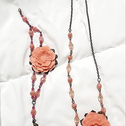 Rustic Coral Pink Rose NECKLACE and BRACELET