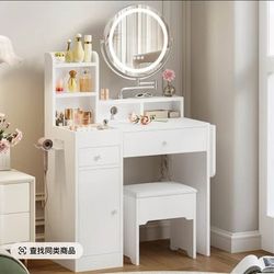 Modern Vanity Desk with LED Color-Adjustable Lights, Power Outlet